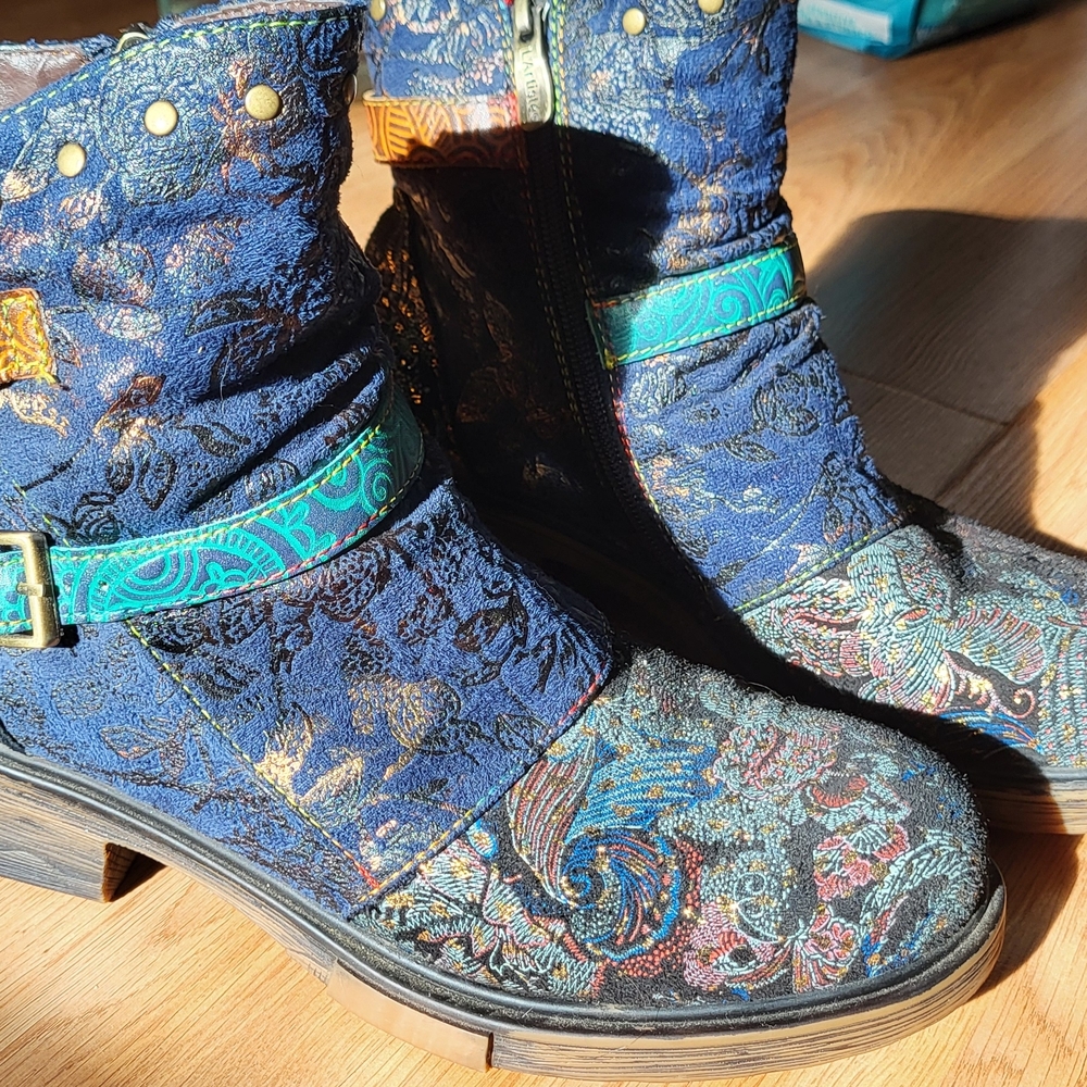 L'ATISTE Vibrant Blue and Gold Ankle Booties